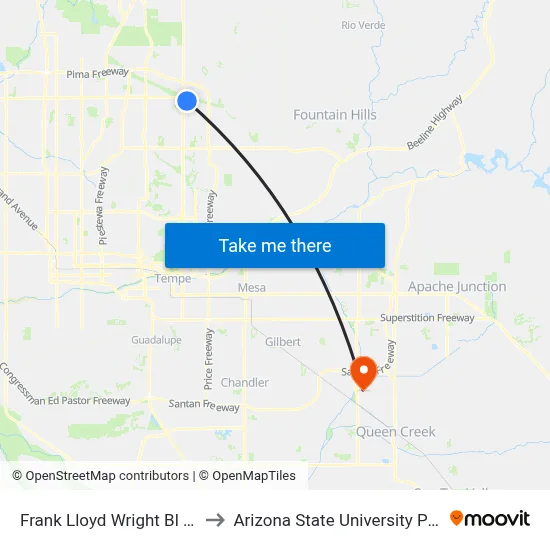 Frank Lloyd Wright Bl & Promenade Ln to Arizona State University Polytechnic campus map