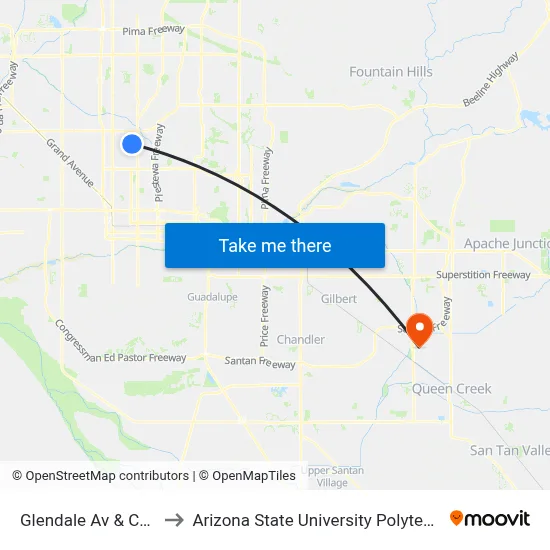 Glendale Av & Central Av to Arizona State University Polytechnic campus map