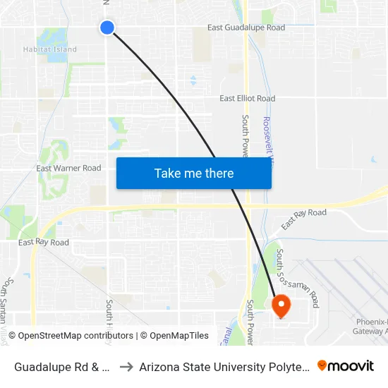 Guadalupe Rd & Higley Rd to Arizona State University Polytechnic campus map