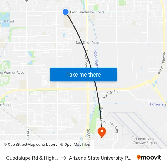 Guadalupe Rd & Highland Hawks Dr to Arizona State University Polytechnic campus map