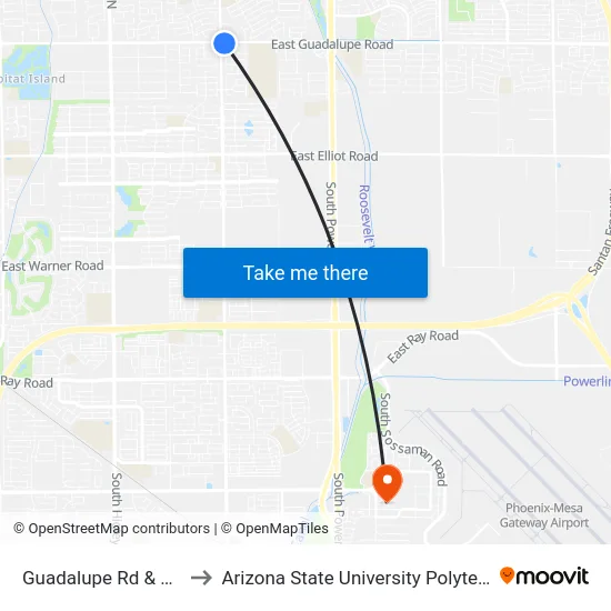 Guadalupe Rd & Recker Rd to Arizona State University Polytechnic campus map