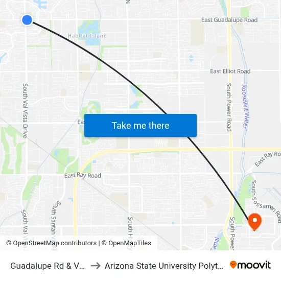 Guadalupe Rd & Val Vista Dr to Arizona State University Polytechnic campus map