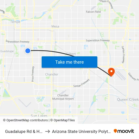 Guadalupe Rd & Hazelton Ln to Arizona State University Polytechnic campus map
