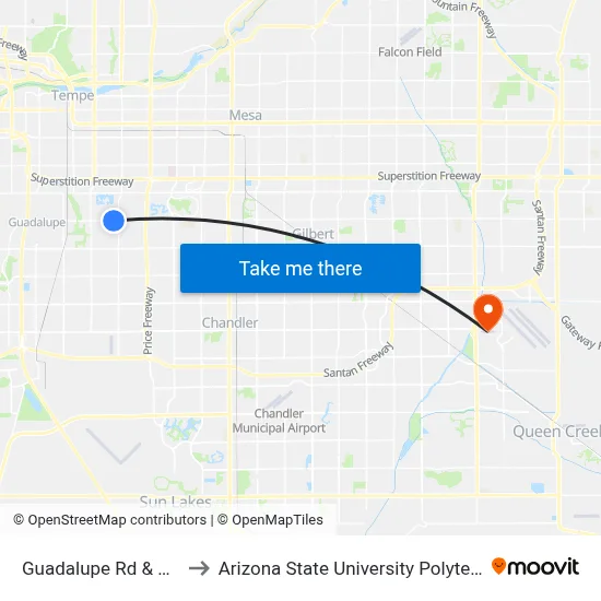 Guadalupe Rd & Juniper St to Arizona State University Polytechnic campus map