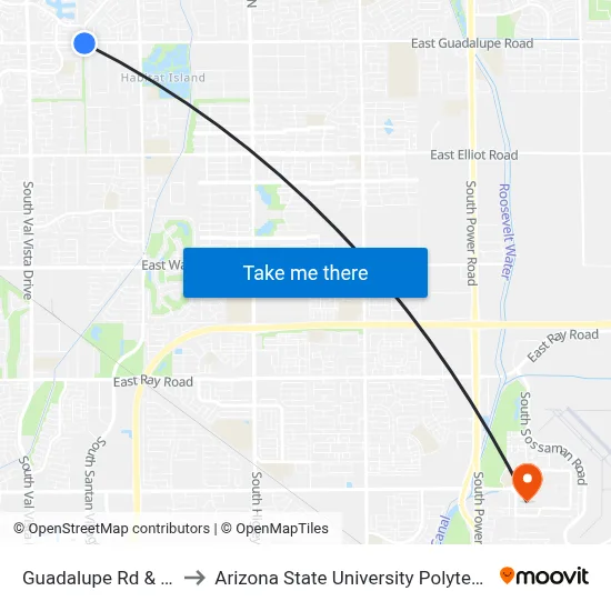 Guadalupe Rd & 156th Pl to Arizona State University Polytechnic campus map