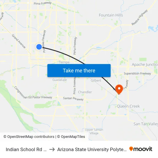 Indian School Rd & 10th St to Arizona State University Polytechnic campus map