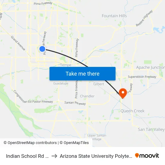 Indian School Rd & 16th St to Arizona State University Polytechnic campus map