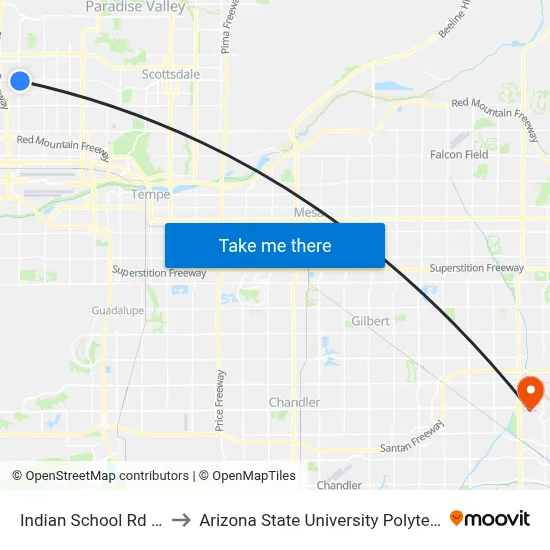 Indian School Rd & 24th St to Arizona State University Polytechnic campus map