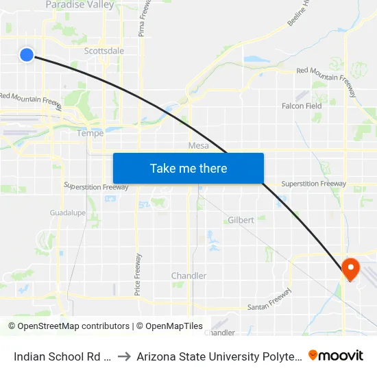 Indian School Rd & 36th St to Arizona State University Polytechnic campus map
