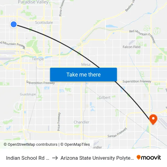 Indian School Rd & 40th St to Arizona State University Polytechnic campus map