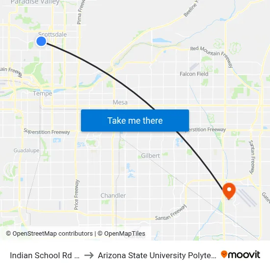 Indian School Rd & 64th St to Arizona State University Polytechnic campus map