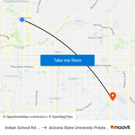 Indian School Rd & 69th St to Arizona State University Polytechnic campus map