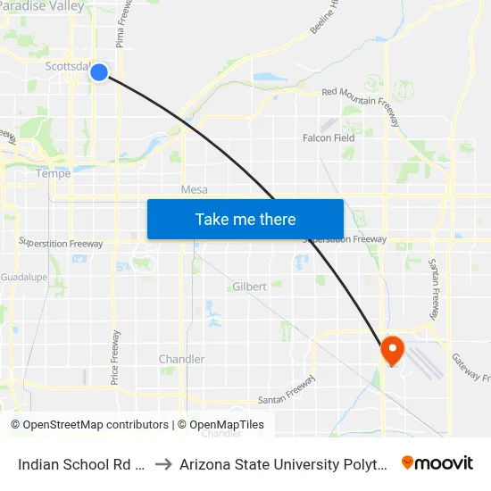 Indian School Rd & 82nd St to Arizona State University Polytechnic campus map