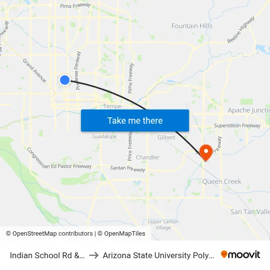 Indian School Rd & Central Av to Arizona State University Polytechnic campus map