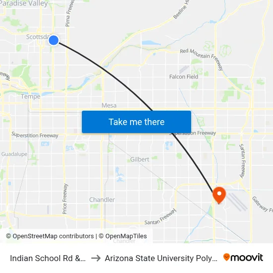 Indian School Rd & Hayden Rd to Arizona State University Polytechnic campus map