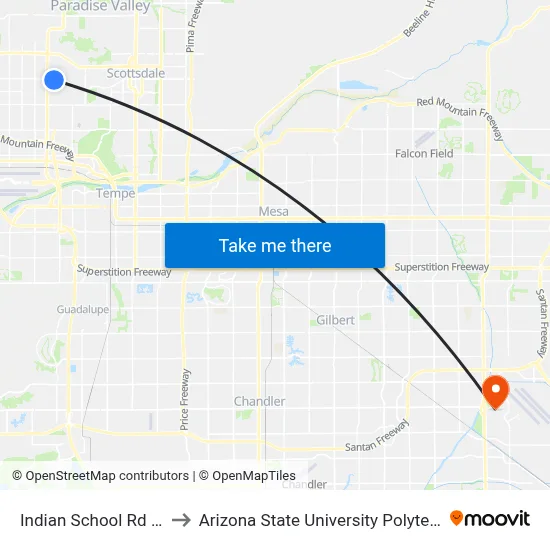 Indian School Rd & 45th Pl to Arizona State University Polytechnic campus map