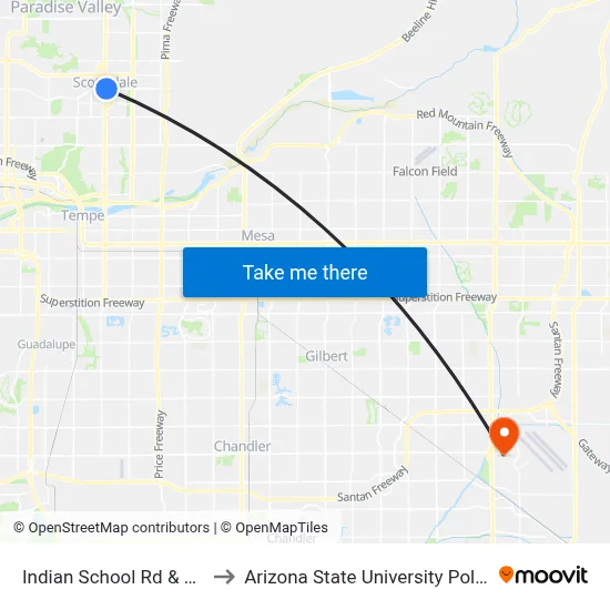 Indian School Rd & Scottsdale Rd to Arizona State University Polytechnic campus map