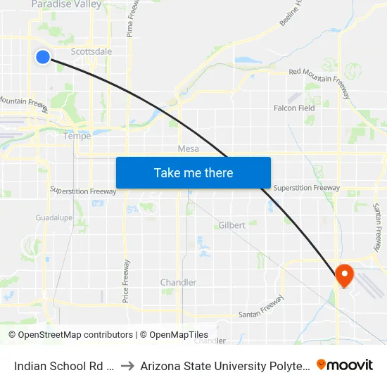 Indian School Rd & 50th St to Arizona State University Polytechnic campus map
