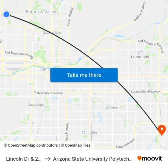 Lincoln Dr & 24th St to Arizona State University Polytechnic campus map