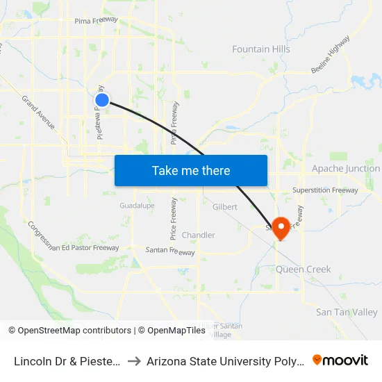 Lincoln Dr & Piestewa Peak Dr to Arizona State University Polytechnic campus map