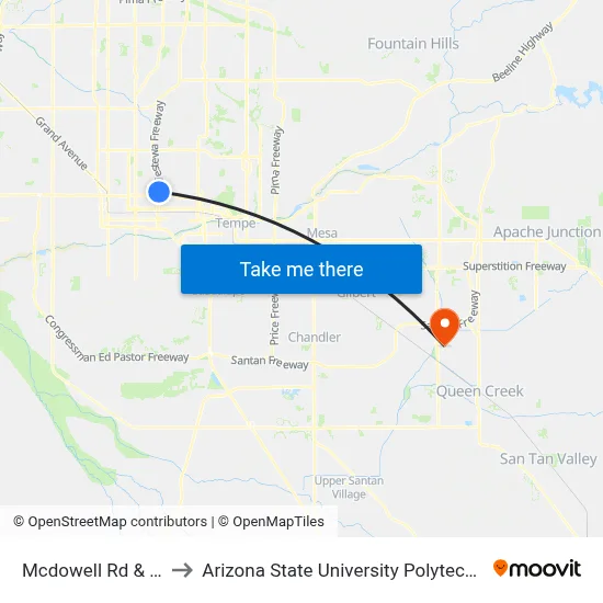 Mcdowell Rd & 21st Pl to Arizona State University Polytechnic campus map