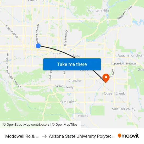 Mcdowell Rd & 22nd Pl to Arizona State University Polytechnic campus map