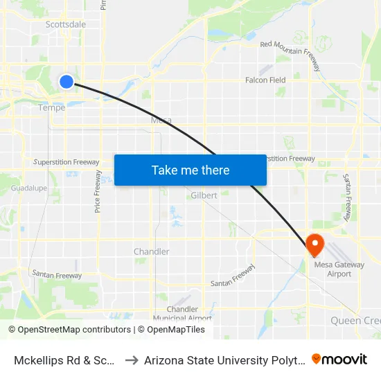Mckellips Rd & Scottsdale Rd to Arizona State University Polytechnic campus map