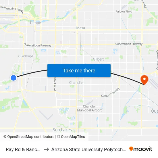 Ray Rd & Ranch Cir S to Arizona State University Polytechnic campus map
