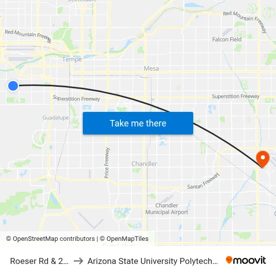 Roeser Rd & 28th St to Arizona State University Polytechnic campus map