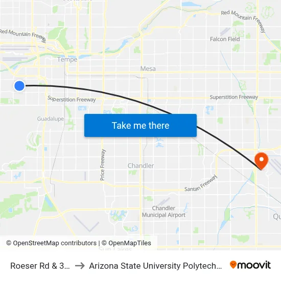 Roeser Rd & 36th St to Arizona State University Polytechnic campus map