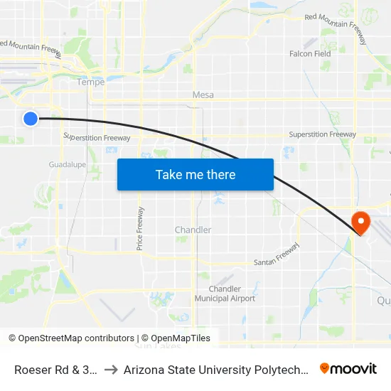 Roeser Rd & 38th Pl to Arizona State University Polytechnic campus map