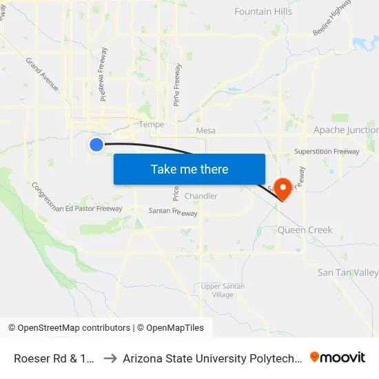 Roeser Rd & 14th Wy to Arizona State University Polytechnic campus map