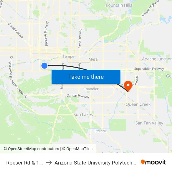 Roeser Rd & 16th St to Arizona State University Polytechnic campus map