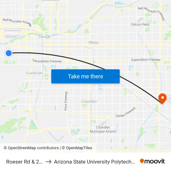 Roeser Rd & 28th Pl to Arizona State University Polytechnic campus map
