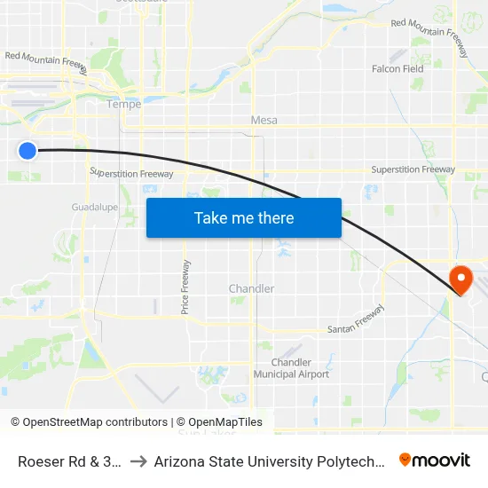 Roeser Rd & 31st Pl to Arizona State University Polytechnic campus map