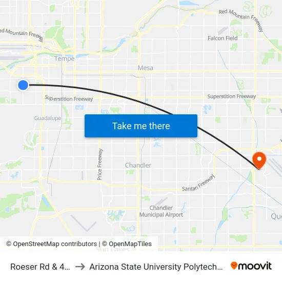 Roeser Rd & 40th St to Arizona State University Polytechnic campus map