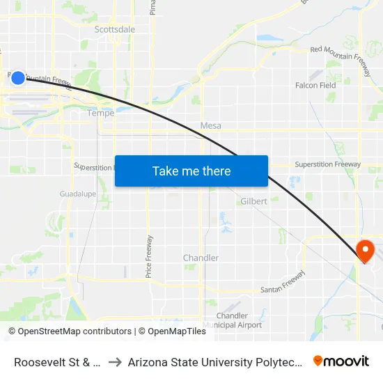 Roosevelt St & 28th St to Arizona State University Polytechnic campus map