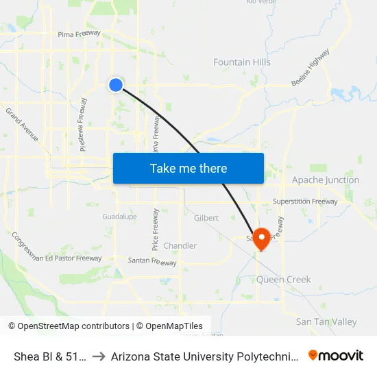 Shea Bl & 51st Pl to Arizona State University Polytechnic campus map
