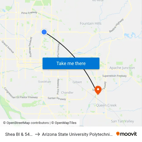 Shea Bl & 54th St to Arizona State University Polytechnic campus map
