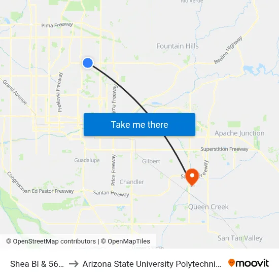 Shea Bl & 56th St to Arizona State University Polytechnic campus map