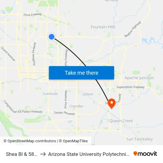 Shea Bl & 58th St to Arizona State University Polytechnic campus map