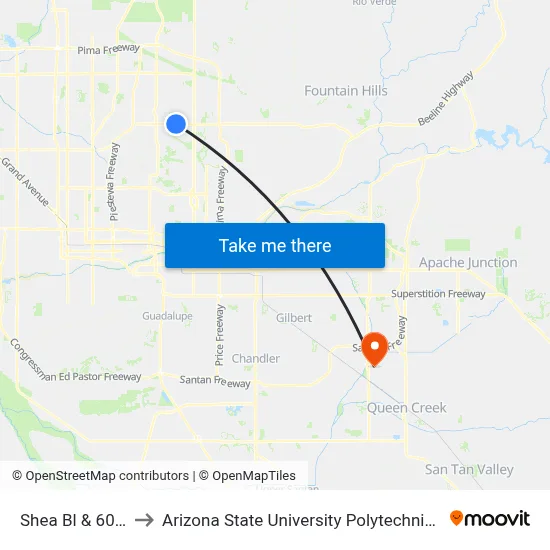 Shea Bl & 60th Pl to Arizona State University Polytechnic campus map
