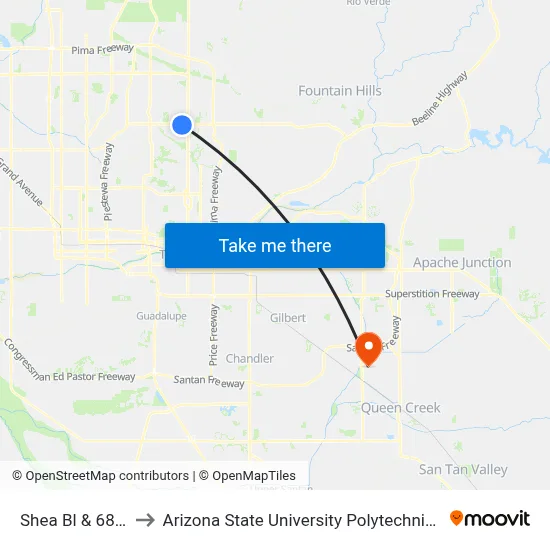 Shea Bl & 68th St to Arizona State University Polytechnic campus map