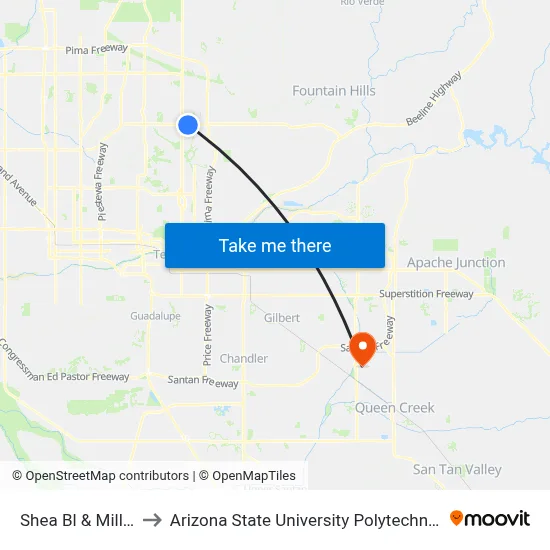 Shea Bl & Miller Rd to Arizona State University Polytechnic campus map