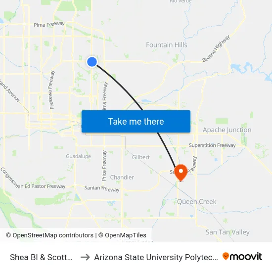 Shea Bl & Scottsdale Rd to Arizona State University Polytechnic campus map