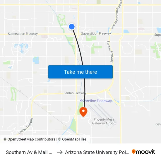 Southern Av & Mall Entrance West to Arizona State University Polytechnic campus map
