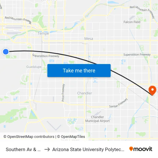 Southern Av & 24th St to Arizona State University Polytechnic campus map