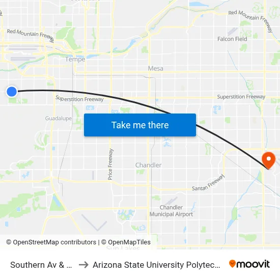 Southern Av & 26th St to Arizona State University Polytechnic campus map