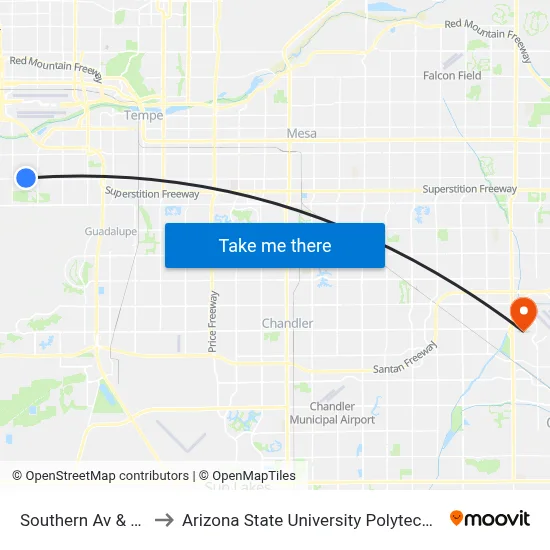 Southern Av & 28th St to Arizona State University Polytechnic campus map