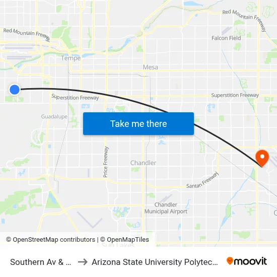 Southern Av & 30th St to Arizona State University Polytechnic campus map
